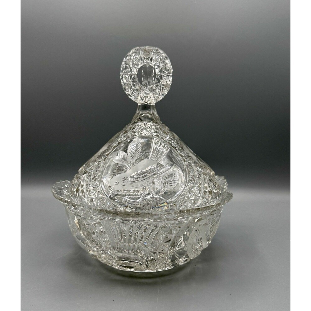 Vintage German Hofbauer Byrdes Collection Crystal Compote Candy Dish With Lid